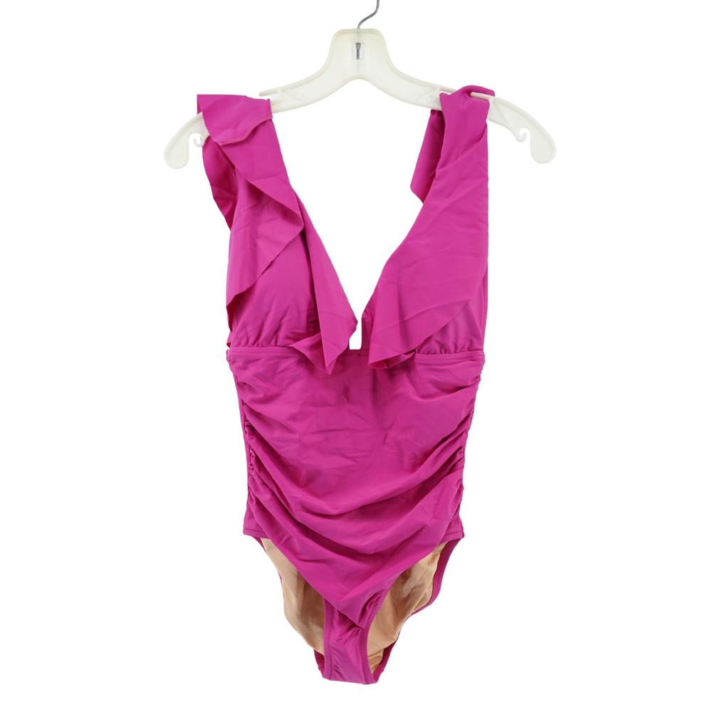 NWT J. Crew Ruffle Plunge One Piece Swimsuit Ruched Pink Size 8‎